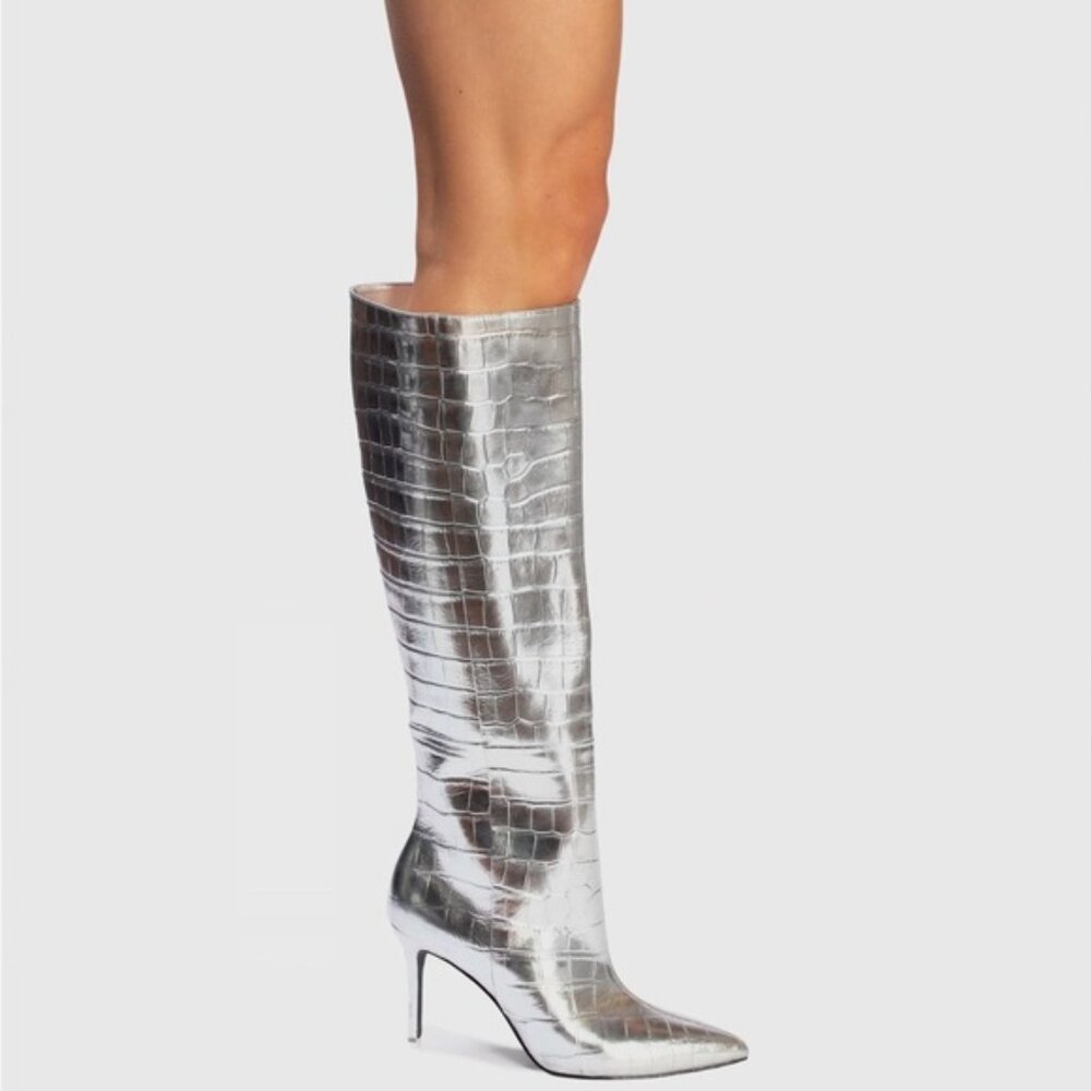 Black Suede Studio TORY Silver Embossed Metallic Tall Leather Boots 42, US 10.5